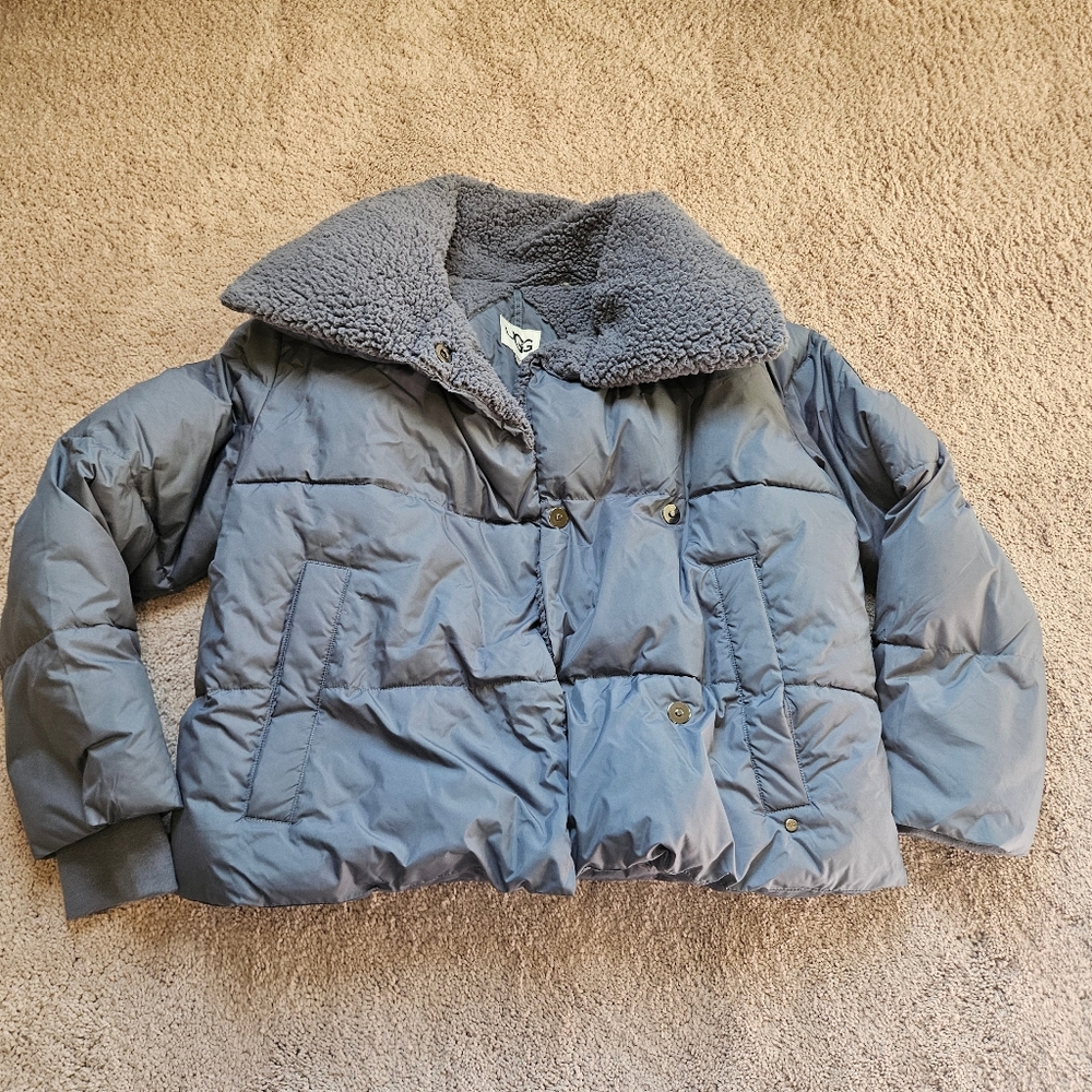 UGG Women's Patricia Sherpa Lined Puffer Jacket Blue Size XS Cropped Hip Length